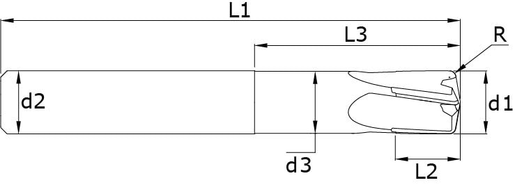 Solid carbide end mills with corner radius - High speed Torus – Technical drawing