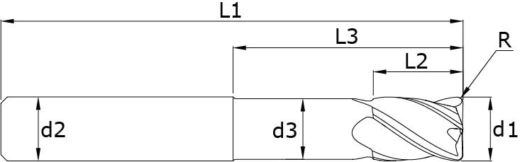 Solid carbide end mills with corner radius - Moldex – Technical drawing