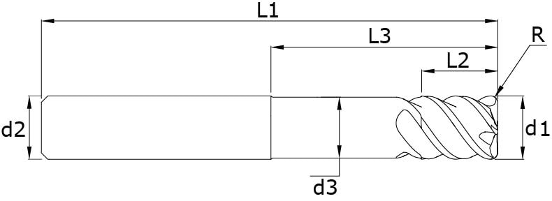 Solid carbide end mills with corner radius - Hard Mold – Technical drawing