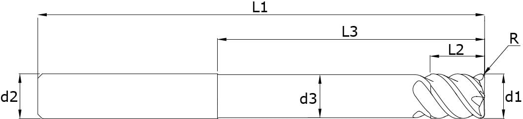Solid carbide end mills with corner radius - Hard Mold Long – Technical drawing