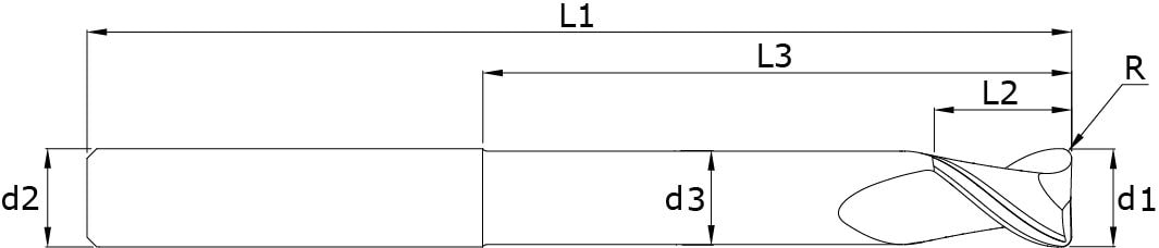 Solid carbide end mills with corner radius - Almold Long – Technical drawing